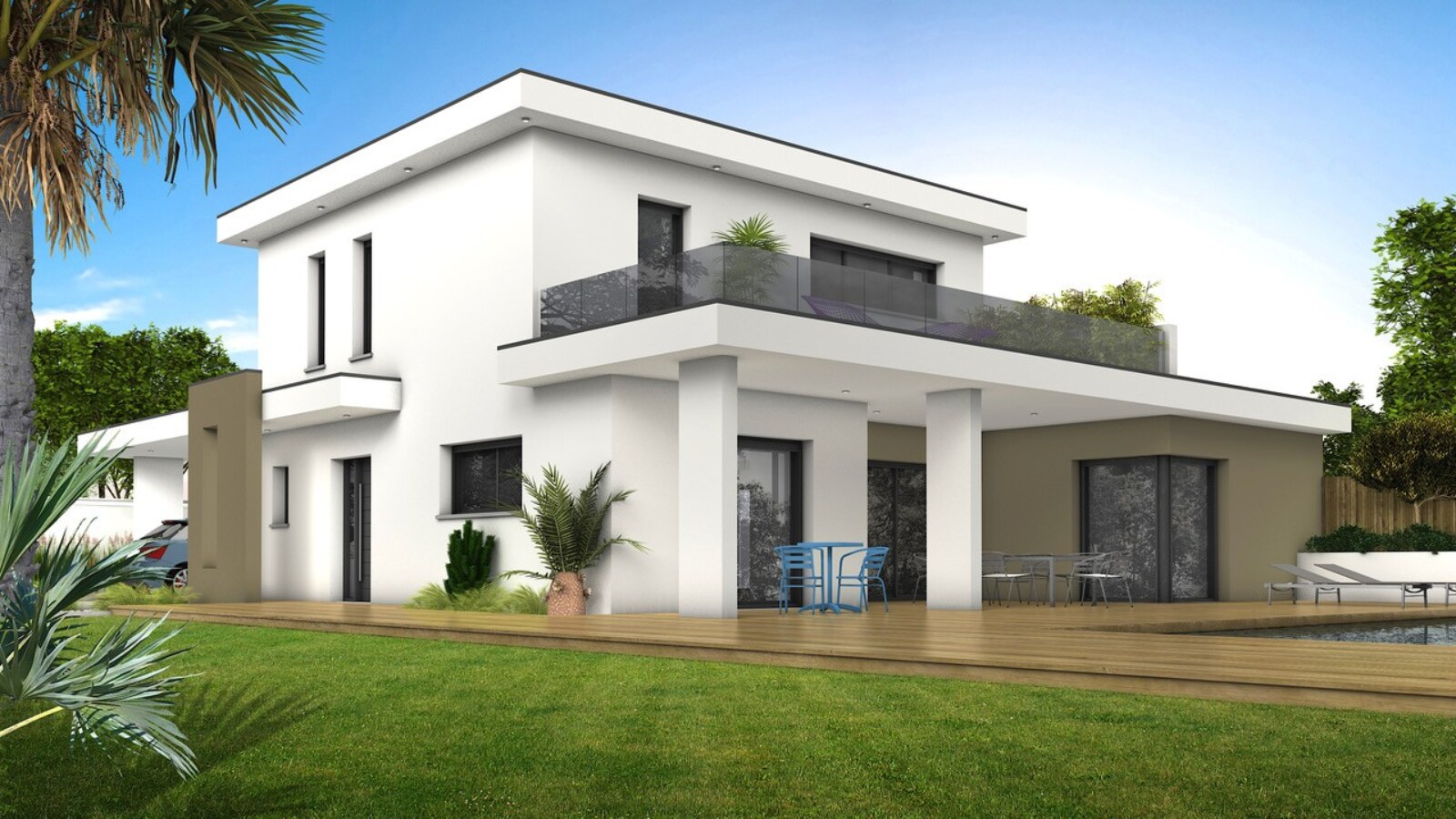 maison d'architecte à étage enduit blanc, piscine et terrasse à l'étage