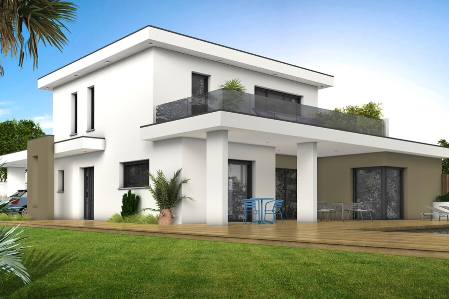 maison d'architecte à étage enduit blanc, piscine et terrasse à l'étage
